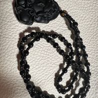 Amulett Reichtum schwarzer matter Obsidian geschnitzter Drache Dragon Kette