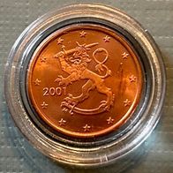1 Cent Münze Finnland 2001 Unziruliert, frisch aus Originalrolle und in Münzkapsel