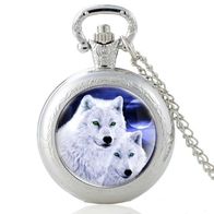 DHU-02 Halskette mit Uhr, Umhänge Uhr, Wolf, Taschenuhr, Unisex Uhr Silber fbg.