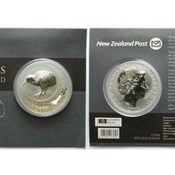 Neuseeland Silber 1 Dollar 2009 "Kiwi" 6. Ausgabe Kiwi und Inselkarte