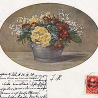 AK mit buntem Blumenstrauß von 1920 - Briefmarke 15 Pf. Überdruck : Freistaat Bayern