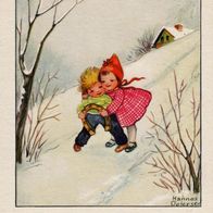 AK Neujahrsgrüße - Kinder im Schnee in Farbe - unbenutzt