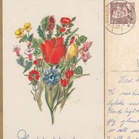 AK Blumen im Goldrahmen gemalt - aus Dänemark von 1960