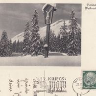 AK Fröhliche Weihnachten von 1940 mit Kruzifix am Waldrand s/ w Feldpost nach Paris