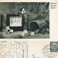 AK Neujahrsgrüße - Kaminuhr und Würfelbecher - s/ w von 1938/39 - Bahnpost