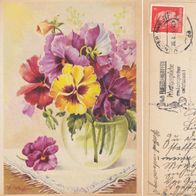 AK Blumen Stiefmütterchen gemalt zum Geburtstag 1943 in Farbe