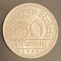 50 Pfennig Münze von 1922 „E“ Weimarer Republik Kursmünze Deutsches Reich