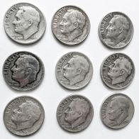 9x 1 Dime USA 1946 - 1956 - Roosevelt Silver Dime