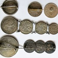 Konvolut an Münz-Broschen aus Silber Korona, Franc, Mark, Kopeken, Thaler