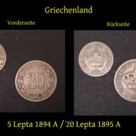 Griechenland 2 Münzen: 5 Lepta 1894 A, 20 Lepta 1895 A