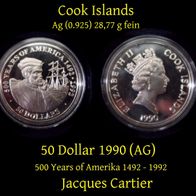 Cook Islands 50 Dollar 1990 - 500 Years of America - Jacques Cartier AG Silber 0.925