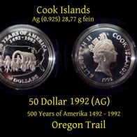 Cook Islands 50 Dollar 1992 - 500 Years of America - Oregon Trail AG Silber 0.925 / 2