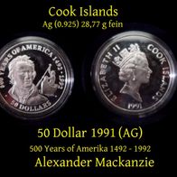 Cook Islands 50 Dollar 1991 - 500 Years of America - Alexander Mackanzie AG Silber