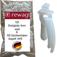 Rewagi 100 Gardinenhaken Einfach & 100 Ösen-Gleiter SUW Für Gardinenschiene – Weiß/schwarz, Faltenhaken, Faltenlegehaken, Überklipshaken (weiß