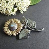 Wunderschöne Silber Brosche Sonnenblume, Opal