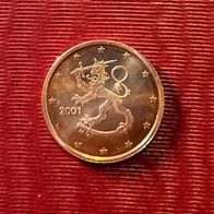 2 Cent Münze Finnland 2001 Unziruliert, frisch aus Originalrolle