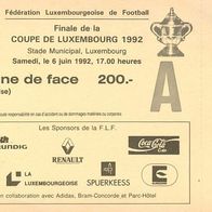 Ticket Cup-Finale Luxemburg 6.6.1992 FC Avenir Beggen vs CS Petange Petingen FLF