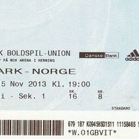 Ticket Dänemark vs Norwegen 15. 11. 2013 Herning DBU NFF Norway NORGE Football