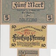 Baden-Baden Notgeld 5-Mark vom 22-10-1918 und 10-50-Pfennig-1919-und 1920 3Scheine