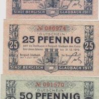 Bergisch-Gladbach 10-25-50 Pfennige vom 31-12-1919 3Scheine