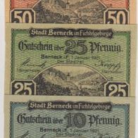 Berneck-Fichtelgebirge Notgeld 10-25-50-Pfennig vom 01-01-1921-3-Scheine