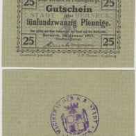 Berneck-Fichtelgebirge Notgeld 25-Pfennig vom-01-1917 mit-Stempel auf-farbigen-Papier