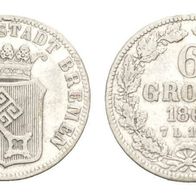 Bremen Stadt , Silber, 6 Grote 1861 Bekrönter Wappenschild, ss