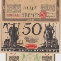 Bremen-Notgeld 25-50-75-Pfennige-vom-15-09-1921- 3Scheine