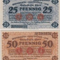 Bremerhaven-Lehe-Notgeld 25-50 Pfennige-Kennzahl unten links und oben rechts 2Scheine