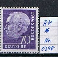 Bund Nr.263 R Rollenmarke Heuss II postfrisch / Falz rs. Zä.-Nr. 0395