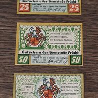 Altes Notgeld Gutschein der Gemeinde Frücht 25,50, 75 Pfennig Vintage