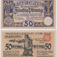 Coblenz-Notgeld 50Pf.v.-01-04-1917-beidseitig-bedr. u. 50Pf. vom 01.01.1920 2Scheine