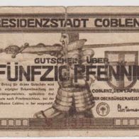 Coblenz-Notgeld 50Pf.v. 01-04-1917-einseitig-bedr., -stark-gebraucht, echt-gelaufen