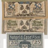 Cosel-Notgeld Oberschlesien 25-50Pf. v.06-1920, 50-75-1Mark-vom-04-1921-5Scheine