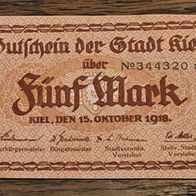 Altes Notgeld Gutschein Fünf Mark Kiel 1918 Vintage