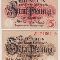 Delitsch-Notgeld 5-10 Pf. von 1917 rote und braune Kz. 2Scheine