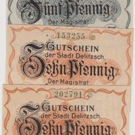 Delitsch-Notgeld 5-10 Pf. von 1920 und 10Pf. von 1921 3Scheine