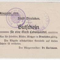 Dinslaken-Notgeld-1Mark für Lebensmittel 1914 keine Abgabe von Alkohol 2Stempel