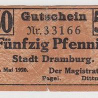 Dramburg-Notgeld 10Pf. vom 01.05.1920 stark-gebraucht weil-echt-gelaufen