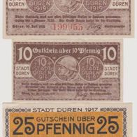 Düren-Notgeld 10Pf.v.20.07.1919 u.10Pf.v.20.03.1920-u.25Pf.v.01.07.1916-3Schei