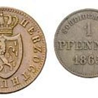 2 Kleinmünzen Sachsen-Meiningen 1 Pfennig 1865 und 1 Kreuzer 1856 Nassau
