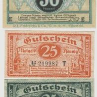 Elberfeld-Notgeld 25-25Pf.v. 15.11.1919 und 50 Pfennig vom 10.12.1919 3Scheine