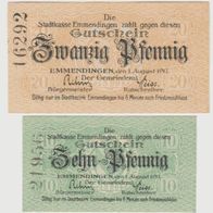 Emmerdingen-Notgeld 10-20 Pfennig vom 01.08.1917 Kennzahl-links-v. 2Scheinen