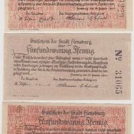 Flensburg-Notgeld 25-25-25 Pfennig vom 16.01.1920 3verschienene Scheine