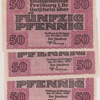 Freiburg-Notgeld 3x50 Pfennig vom 30.03.1920 3Scheine