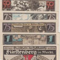 Fürstenberg. Meckl. Notgeld 10-25-50-75-1-1-Mark-v.01.08.1921-6Scheine-Wappen Mitte