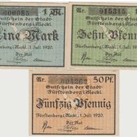 Fürstenberg-. Meckl.-Notgeld 10-50 Pfennig und 1Mark vom 01.07.1920 3Scheine