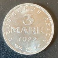 3 Mark „J“ Münze von 1922 Weimarer Republik Kursmünze Deutsches Reich