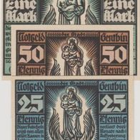 Genthin-Notgeld 25-50 Pfennige und 1Mark vom 01.07.1921 Madonna Mitte 3Scheine