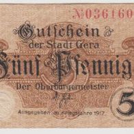 Gera-Notgeld 5 Pfennig von 1917 gebrauchte Erhaltung mit roter Nr. 036160